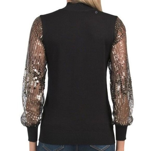Gorgeous Sequin Sheer Mesh Sleeve Knit Sweater Black Women Size XS - Picture 2 of 2